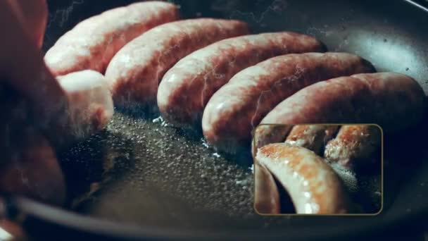 Close Cooking Sausages Black Pan Oil Frying Sausages Hot Sunflower — Stock Video