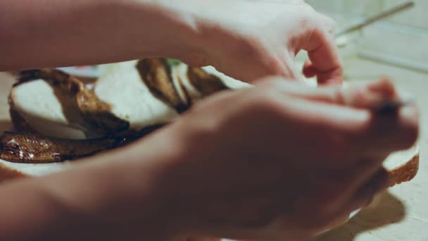 Ruce Rozprostírají Rajčata Okurky Chlebové Máslo Vezmeme Přípitek Šproty Rekreační — Stock video
