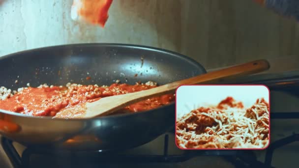 Gnocci Tomato Sauce Being Sprinkled Parmesan Mix Spoon Pleasant Atmosphere — Stock Video