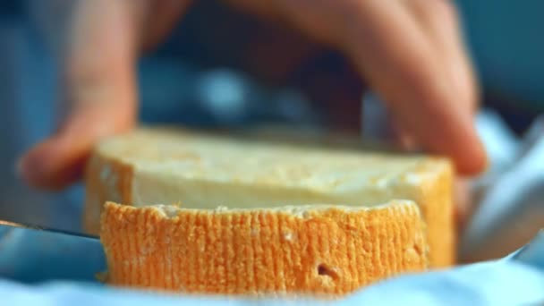 Close Hand Cutting French Cheese Marquis Castello — Stock Video
