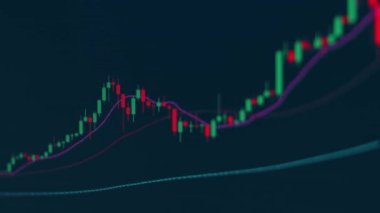 Screen with a stock market graphic. Cryptocurrency rate graphic showing data online. Japanese candlesticks and support lines