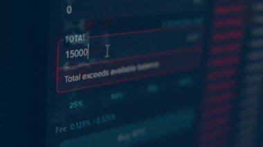 Process of buying bitcoin. Investing money in cryptocurrency. Chosen amount exceeds total balance.