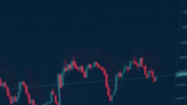 Screen with a stock market graphic. Cryptocurrency rate graphic showing data online. Japanese candlesticks and the volume of cryptocurrency turnover.