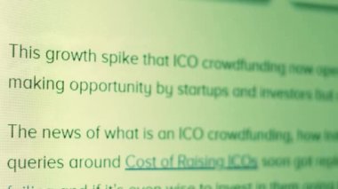 Abstract animation of holographic ICO text appearing in the middle of virtual reality room. Great clip for concepts about Initial Coin Offering and crypto currency.