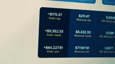 Cryptocurrency mining on a computer screen. The algorithm of the computer program on the monitor. Execution of the program code for the mining program. Pop-up lines of a computer program.