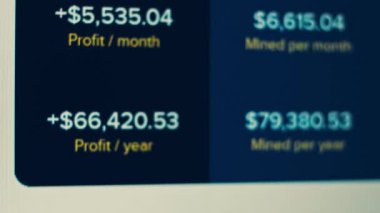 Cryptocurrency mining on a computer screen. The algorithm of the computer program on the monitor. Execution of the program code for the mining program. Pop-up lines of a computer program.