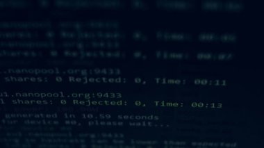 Cryptocurrency mining on a computer screen. The algorithm of the computer program on the monitor. Execution of the program code for the mining program. Pop-up lines of a computer program.