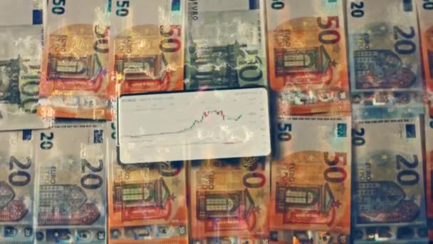 Голографический Эффект Евро Банкнот Криптовалютного Инвестирования Bitcoin Летающие Деньги Золотые — стоковое видео