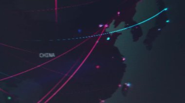 Siber saldırı için farklı hedefleri olan bir dünya haritası. Hackleme ve teknoloji konsepti. Makro monitör piksellerine ateş ediyor. Panik etkisi