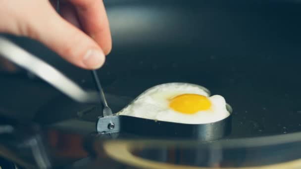 鍋にハート型の型に卵をクラック 食欲をそそる新しい食品メニューを作成します 食のコンセプト — ストック動画