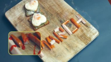 Kırık avokado ve ahşap bir tahtanın üzerinde parmesanlı peynirli tost ekmeği üzerinde kalp şeklinde yumurtalar. 8 Mart 'ta sürpriz kahvaltı hazırlıyorum. Makro görünüm, yavaş çekim