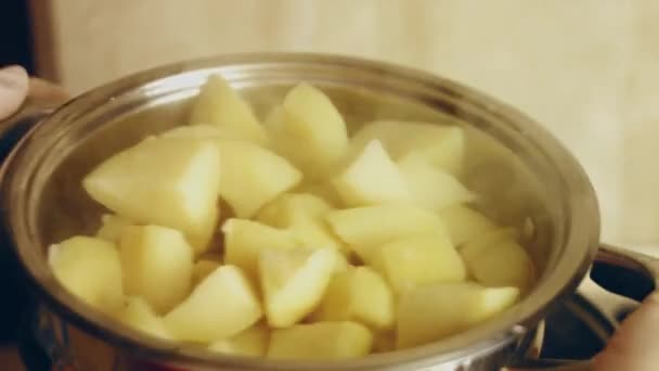 Πατάτες Ξεφλουδισμένες Που Πέφτουν Γλάστρα Βραστό Νερό Στο Μακρο — Αρχείο Βίντεο