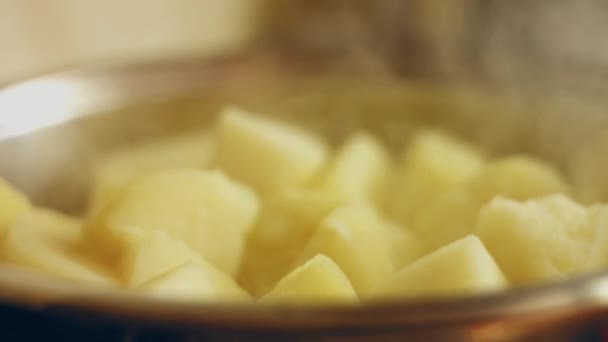 Patatas Peladas Cayendo Maceta Con Agua Hirviendo Macro — Vídeo de stock