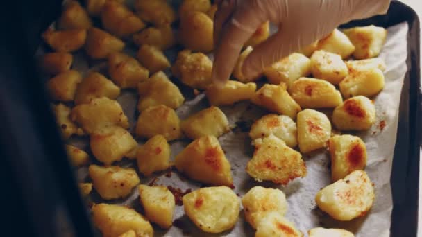 Patatas Horno Con Queso Carne Tocino Champiñones Cúrcuma Otras Especias — Vídeo de stock