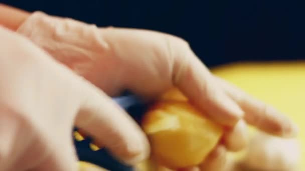 Крупним Планом Відео Жінка Шеф Кухаря Рук Очищає Свіжі Сирі — стокове відео