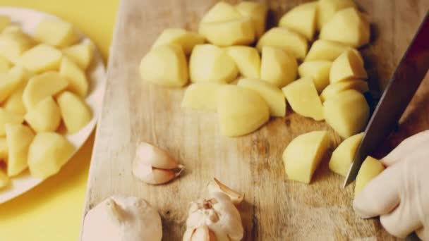 Primer Plano Vídeo Mujer Chef Manos Pelando Verduras Frescas Patata — Vídeo de stock
