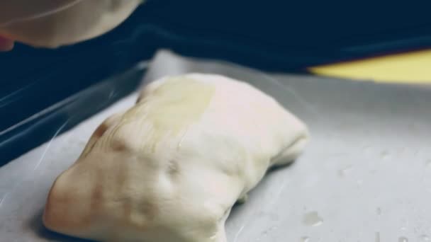 Hands Puts Bowl Beaten Egg Close Formed Raw Beef Wellington — Stock Video
