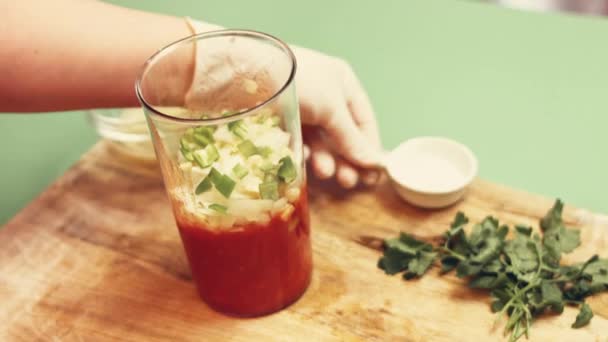 Mixing Ingredients Salsa Hand Blender Process Making Salsa — Stock Video