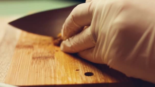 Woman Cuts Fried Chicken Breast Slices Wooden Board — Stock Video