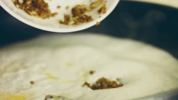 黒パンの上にパンカレー 鶏とタイ料理 安定したマクロショット — ストック動画