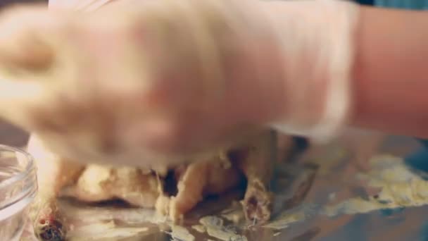 Tangan Womans Menuangkan Madu Dan Mustard Pada Bebek Panggang Angsa — Stok Video