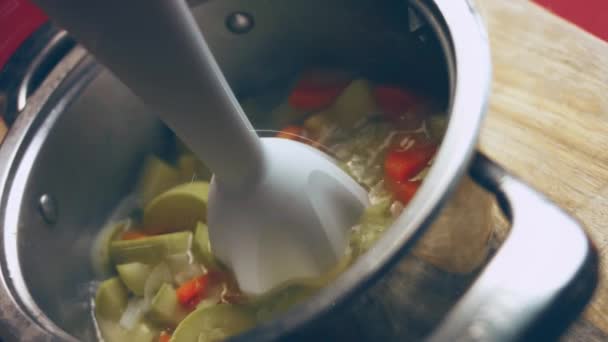 Frappé Mélangeur Légumes Bouillis Carottes Citrouille Oignons Cinématographie Vidéo Recette — Video