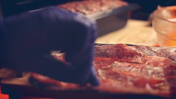 Organize Pastrami Carne Sobre Recheio Carne Receita Falscher Hase Receita — Vídeo de Stock