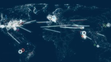 Siber saldırı için farklı hedefleri olan bir dünya haritası. Hackleme ve teknoloji konsepti. Makro monitör piksellerine ateş ediyor. Panik etkisi.