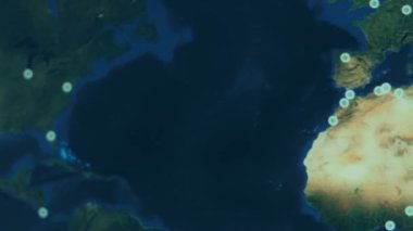 Siber saldırı için farklı hedefleri olan bir dünya haritası. Hackleme ve teknoloji konsepti. Monitör piksellerinde makro çekim.