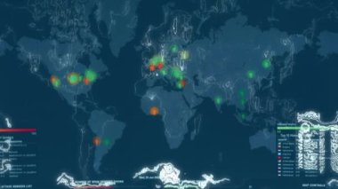 Siber saldırı için farklı hedefleri olan bir dünya haritası. Hackleme ve teknoloji konsepti. Monitör piksellerinde makro çekim.