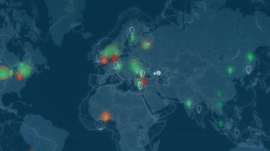 Siber saldırı için farklı hedefleri olan bir dünya haritası. Hackleme ve teknoloji konsepti. Monitör piksellerinde makro çekim.