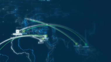 Siber saldırı için farklı hedefleri olan bir dünya haritası. Hackleme ve teknoloji konsepti. Monitör piksellerinde makro çekim.