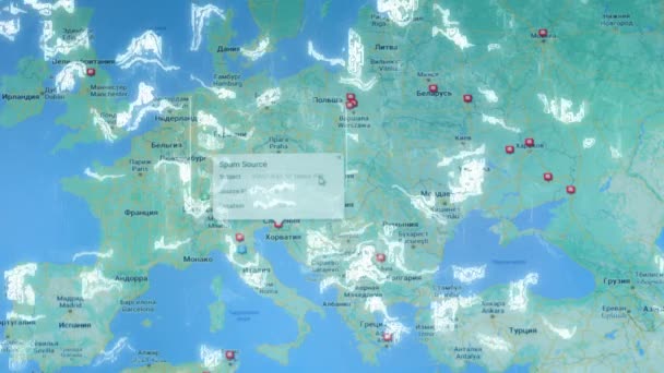 Mapa Świata Różnymi Celami Cyberataku Hakowanie Koncepcja Technologii Zdjęcia Makro — Wideo stockowe