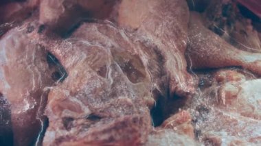 Eldivenli ellerin yakın plan görüntüsü tavuk bacağını bir kutudan ayrı plastik poşetlere paketliyor. Evde daha fazla kullanılmak üzere dondurulmuş etin süreci. Işık oynatma ile 4k video