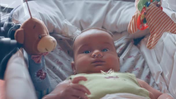 Newborn Baby Human Child Lies His Back Stroller Home — Vídeo de stock