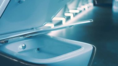 Dönen klozet. Film stüdyosu. Arka planda bir sıra tuvalet var. 4k video