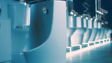 Dönen klozet. Film stüdyosu. Arka planda bir sıra tuvalet var. 4k video