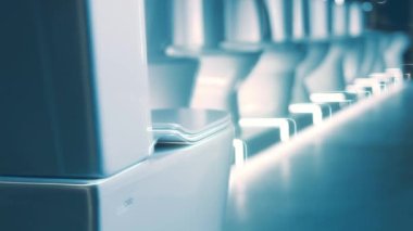 Dönen klozet. Film stüdyosu. Arka planda bir sıra tuvalet var. 4k video