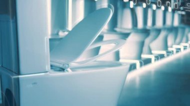 Dönen klozet. Film stüdyosu. Arka planda bir sıra tuvalet var. 4k video