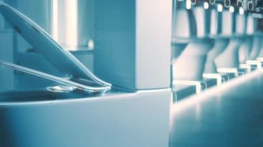 Dönen klozet. Film stüdyosu. Arka planda bir sıra tuvalet var. 4k video