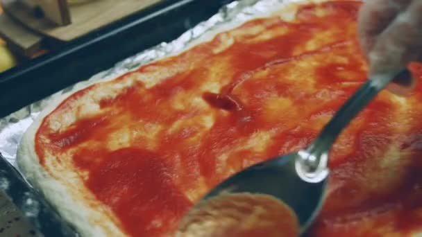 Jag Tomatpuré New York Pizza — Stockvideo