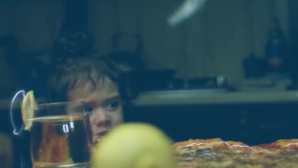 Cheerful Little Girl Tastes New York Pizza — Stock Video