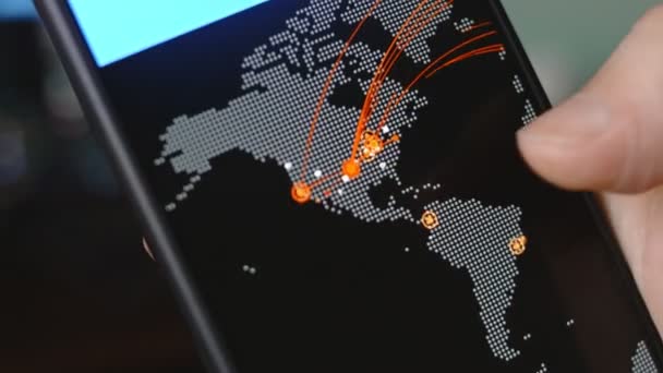 Cyber Támadási Térkép Navigáció Okostelefonon Megjeleníti Megjelenítése Különböző Műszaki Információkat — Stock videók