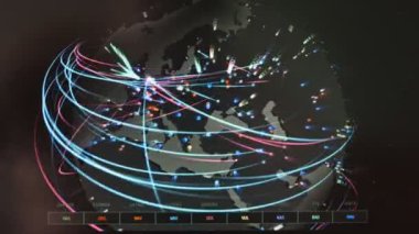 Noktalı soyut dünya haritası animasyonu. İğneler, navigasyon ve seyahat konsepti. GPS konum hizmetleri, Global Business Network. Modern Teknoloji. İleri teknoloji fütüristik tarzı, 3D. animasyon stok görüntüleri