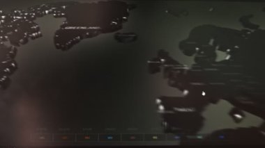 Noktalı soyut dünya haritası animasyonu. İğneler, navigasyon ve seyahat konsepti. GPS konum hizmetleri, Global Business Network. Modern Teknoloji. İleri teknoloji fütüristik tarzı, 3D. animasyon stok görüntüleri