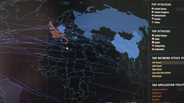 Mapa Świata Różnymi Celami Cyberataku Hakowanie Koncepcja Technologii Strzelanie Makro — Wideo stockowe