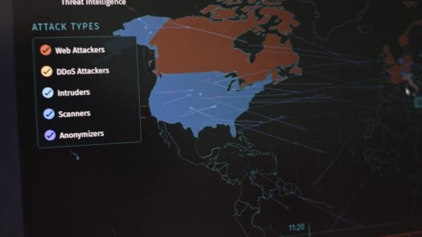 Világtérkép Különböző Célpontokkal Kibertámadáshoz Hackelés Technológia Koncepció Makró Felvétel Monitor — Stock videók
