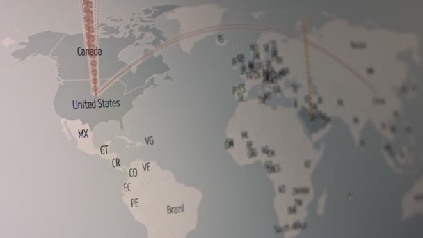 带有数据箭头的世界地图从各国连接起来 Ddos每天在全世界的攻击次数最多 — 图库视频影像