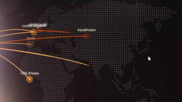 Mörk Övervakning Programvara Mockup Med Världskartan Uppdatering Realtid Och Diagram — Stockvideo