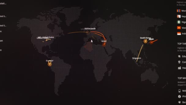 Dark Monitoring Software Mockup World Map Aktualizowanie Czasie Rzeczywistym Wykresy — Wideo stockowe